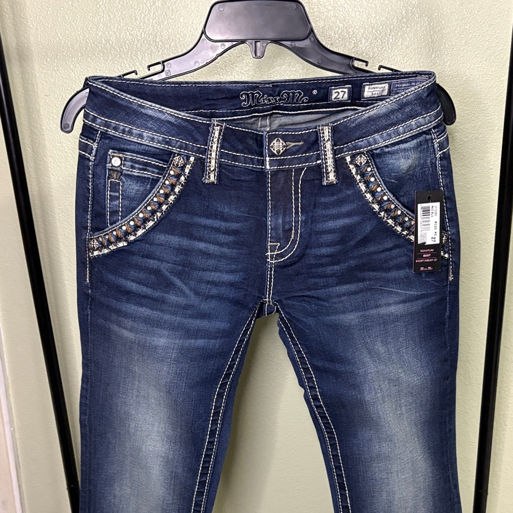 Miss Me Women's Skinny Jeans - Dark Blue with Embellished Pockets